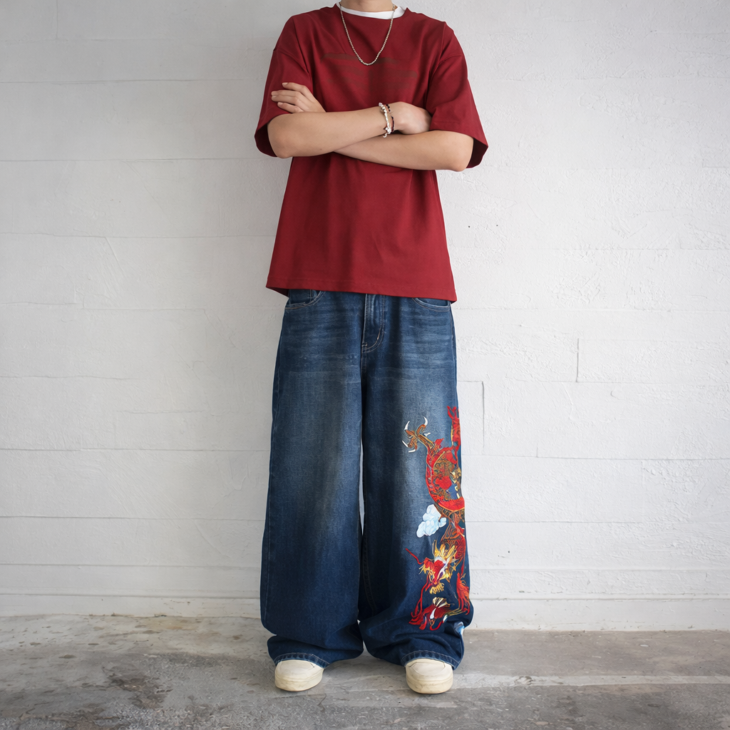 Deadstock Y2K Dragon Embroidered Wide-Leg Jeans