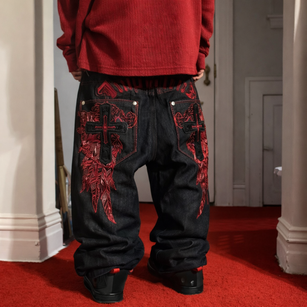 Deadstock Y2K Gothic Embroidered Black Baggy Jeans