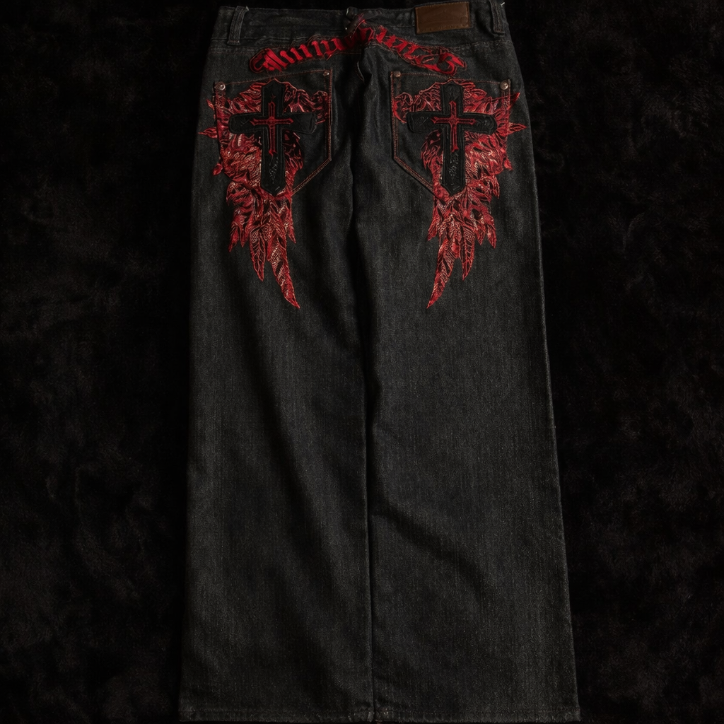 Deadstock Y2K Gothic Embroidered Black Baggy Jeans
