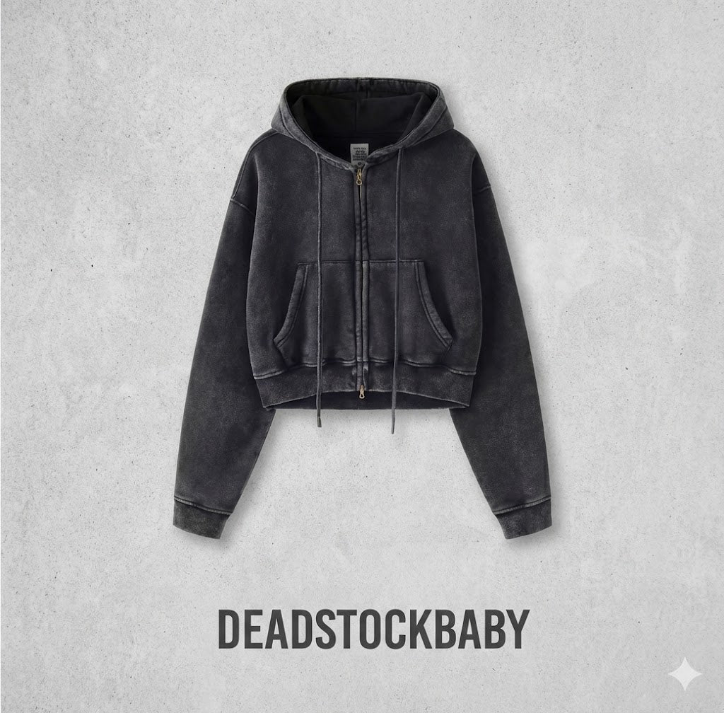 Deadstock Y2K Washed Black Cropped Zip Hoodie – Oversized Fleece Jacket