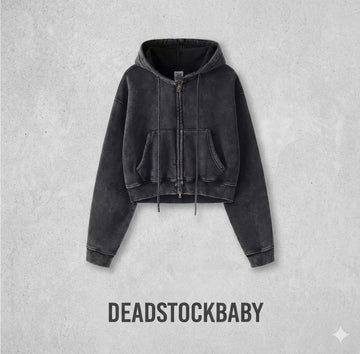 Deadstock Y2K Washed Black Cropped Zip Hoodie – Oversized Fleece Jacket