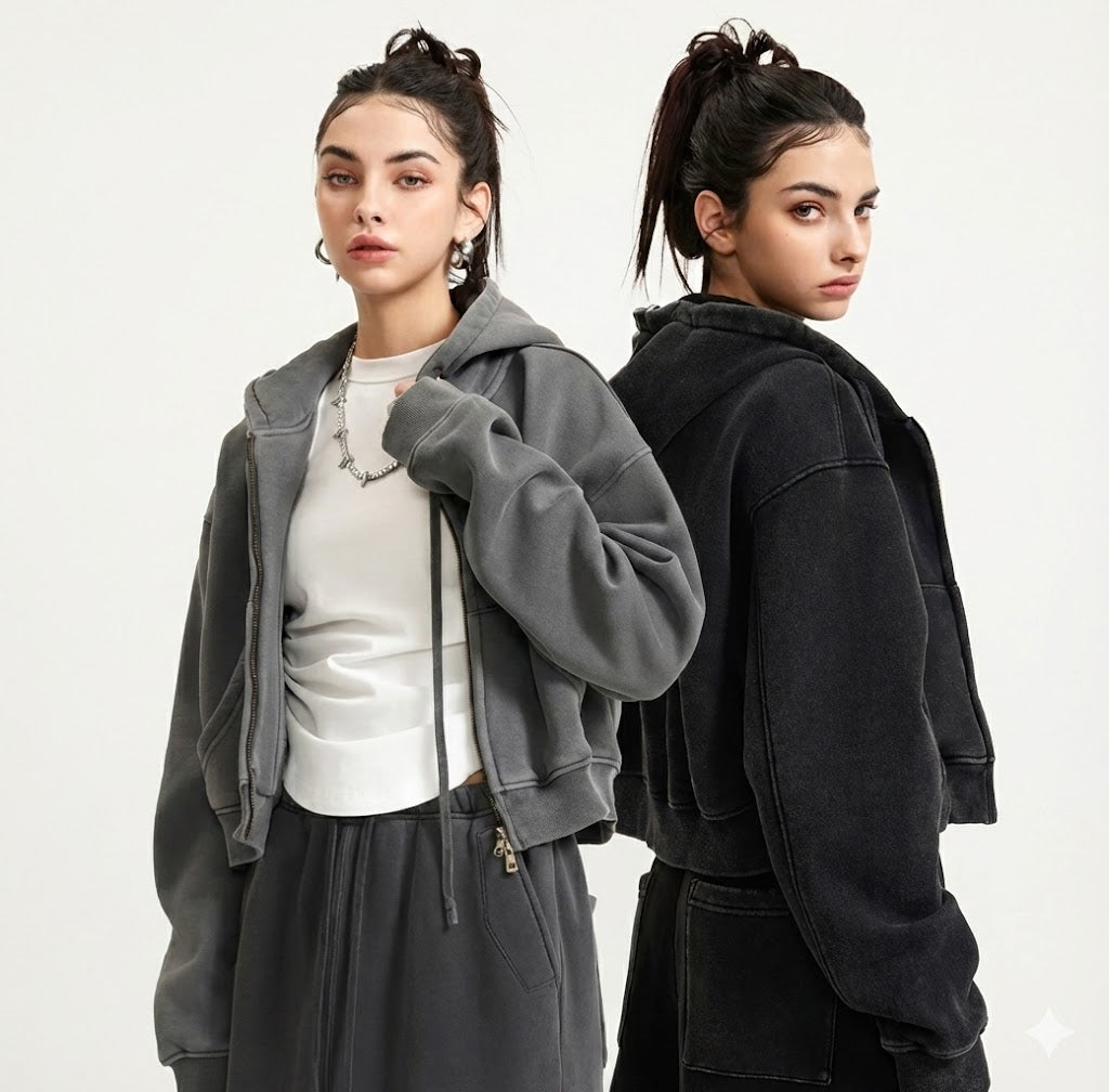 Deadstock Y2K Washed Black Cropped Zip Hoodie – Oversized Fleece Jacket